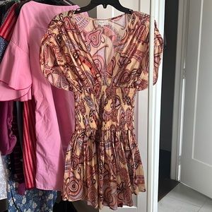 A.L.C. Luna Smocked Printed Mini Dress Size 0 in Nude Peach Orange Multi